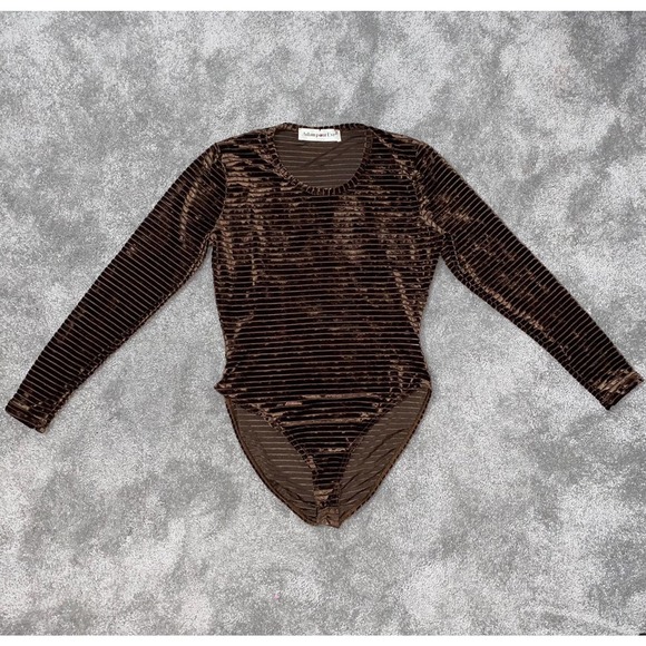 M VTG Adam Pour Eve Paris Brown Velvet Sheer Mesh Striped Long Sleeve Bodysuit - Picture 2 of 12